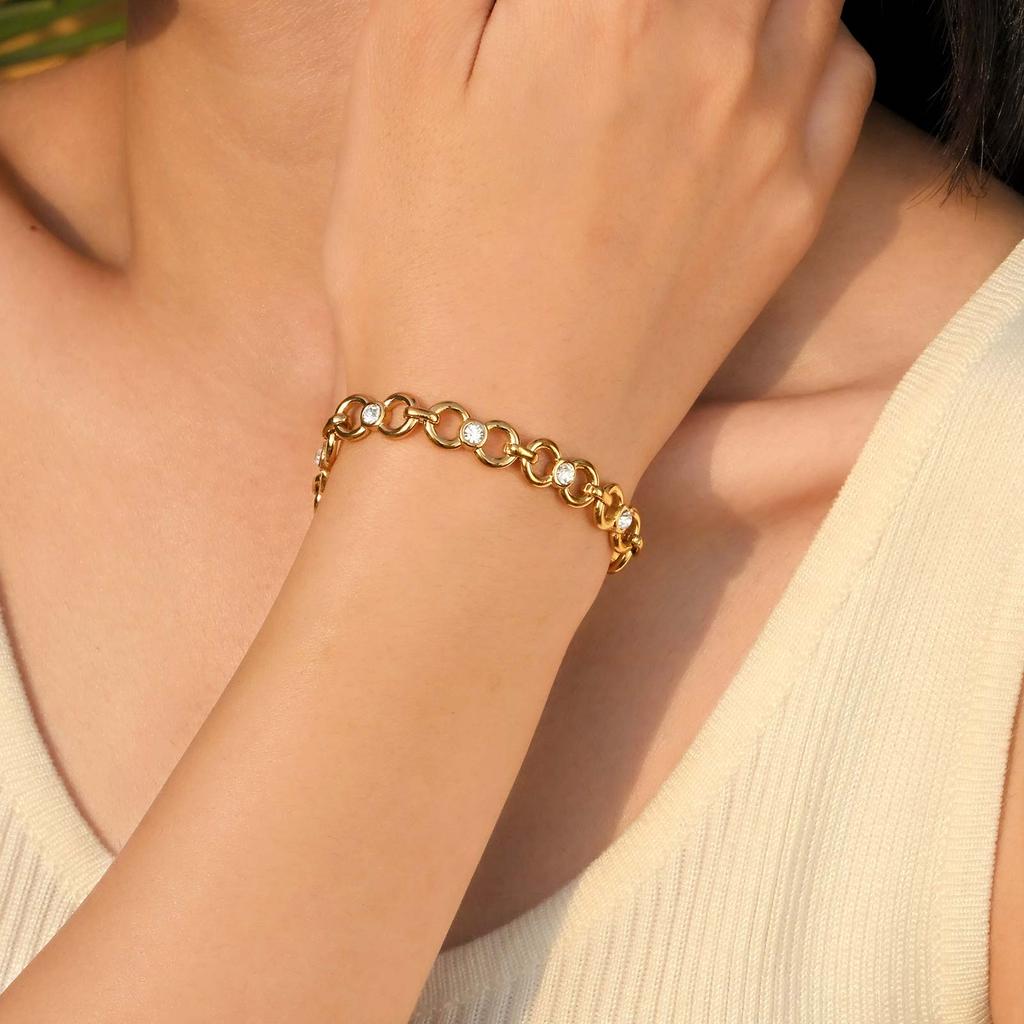 Women's Fashion Exquisite Zircon Handmade Round Chain Bracelet, 18K Gold-plated Stainless Steel Wristband, Luxury Jewelry Gift