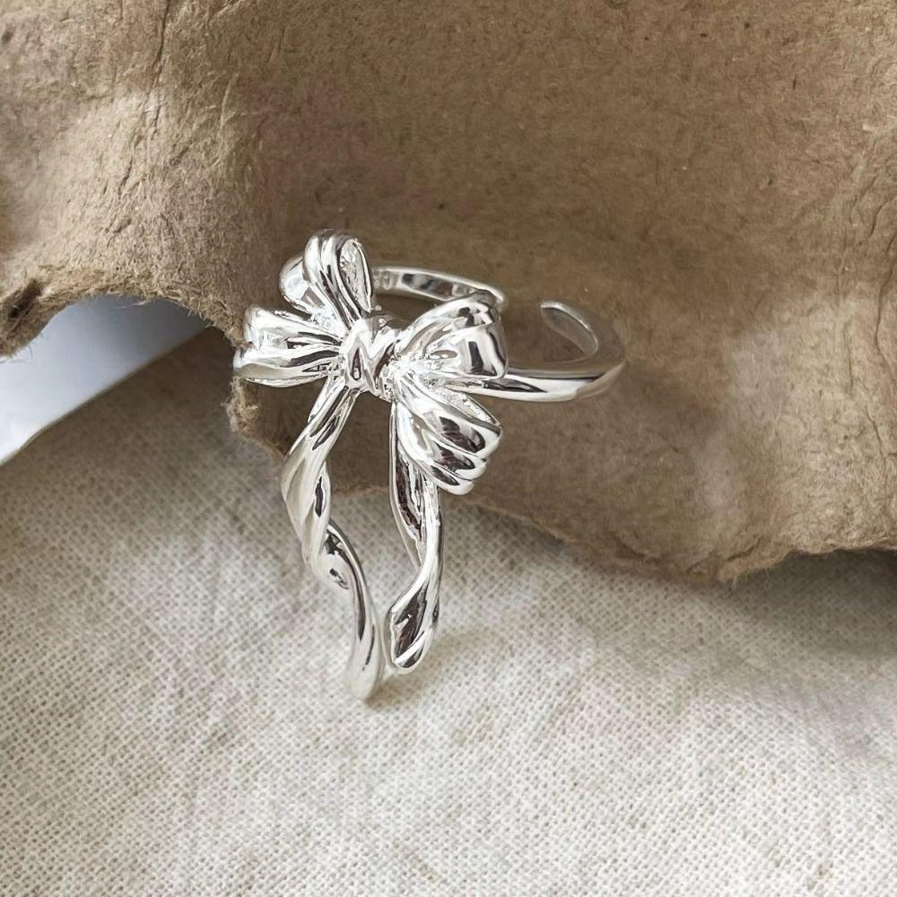 Geometric Design Tassel Bowknot Rings Finger Adjustable Sterling Silver Rings  Party Jewelry