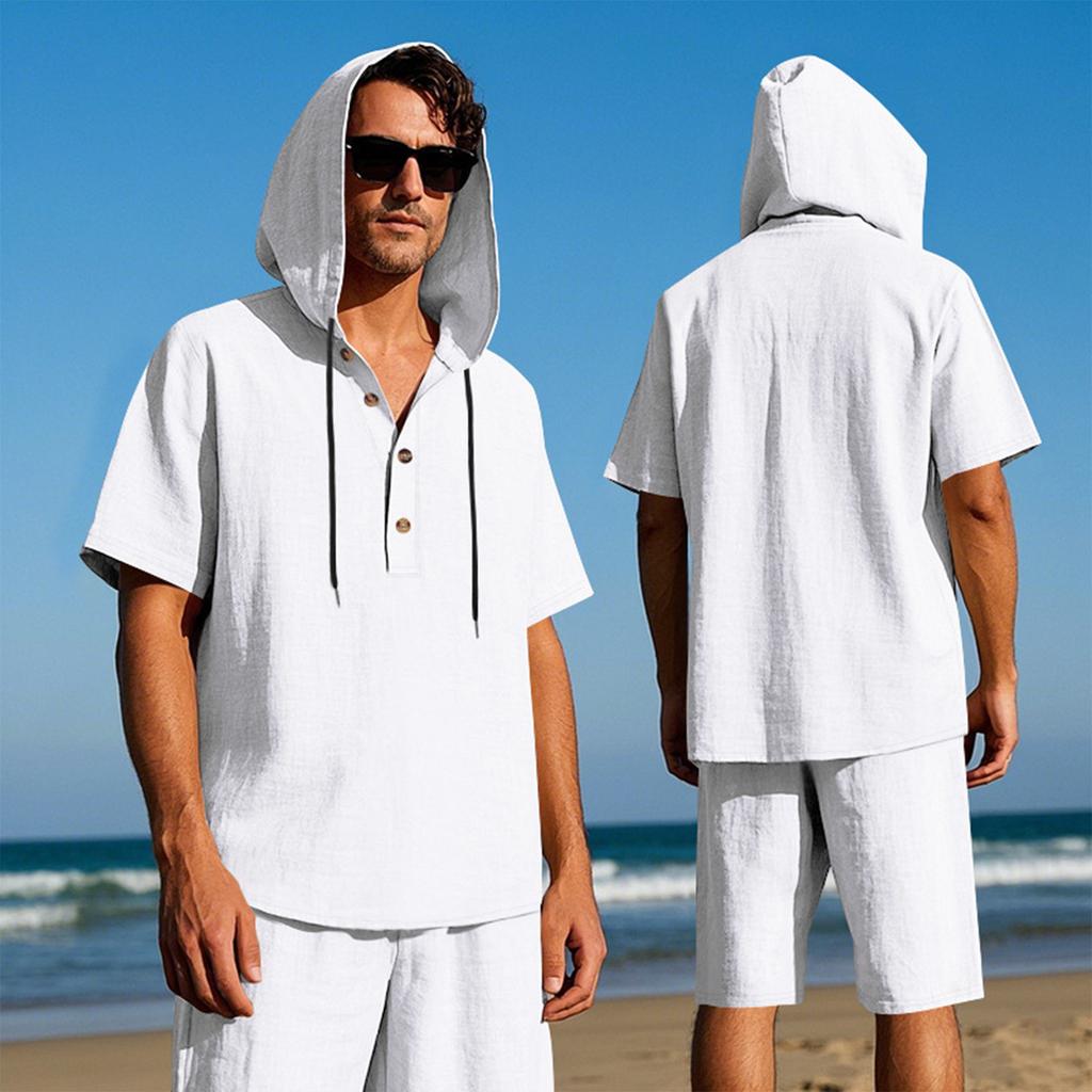 Men'S Loose Hooded Casual Short Sleeved Shirt Beach Shorts Set