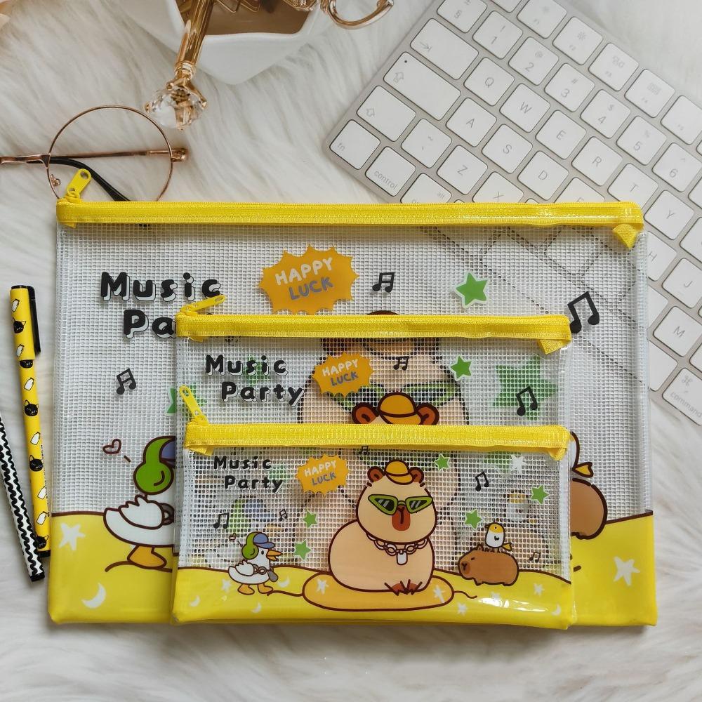 3PCS Cartoon PVC Mesh File Bag Capybara Large Capacity Zipper Pen Bag Waterproof Transparent Grid Storage Bag