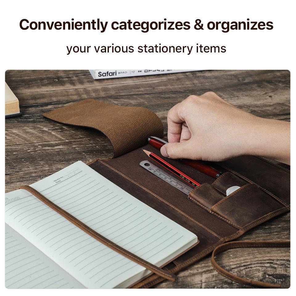 A5 Retro Crazy Horse Leather Notebook Cover with Strap, Handmade, Multi-Card Slots, Office Stationery Organizer