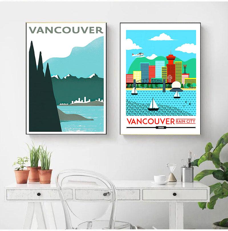 Rain City Canada Vancouver Map Vintage Retro Travel Classic Canvas Paintings Kraft Posters Wall Stickers Home Decor Family Gift No Frame