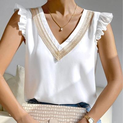 Letnie Koronkowe Patchworkowe Dekolt V Falbanki Bez Rękawów Luźne Koszule Moda Damska Eleganckie Casualowe Duże Rozmiary Topy Damskie Bluzki Jednolite Proste Koszule Damskie 26362