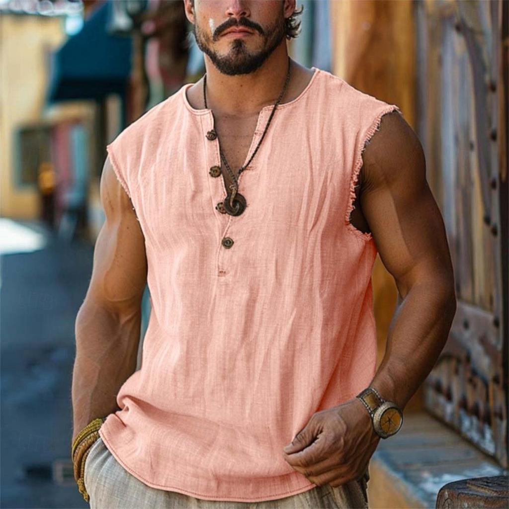 Men’s Sleeveless Henley Shirt Casual Loose Fit Linen Top with Armholes and Button Placket for Summer Daily Wear