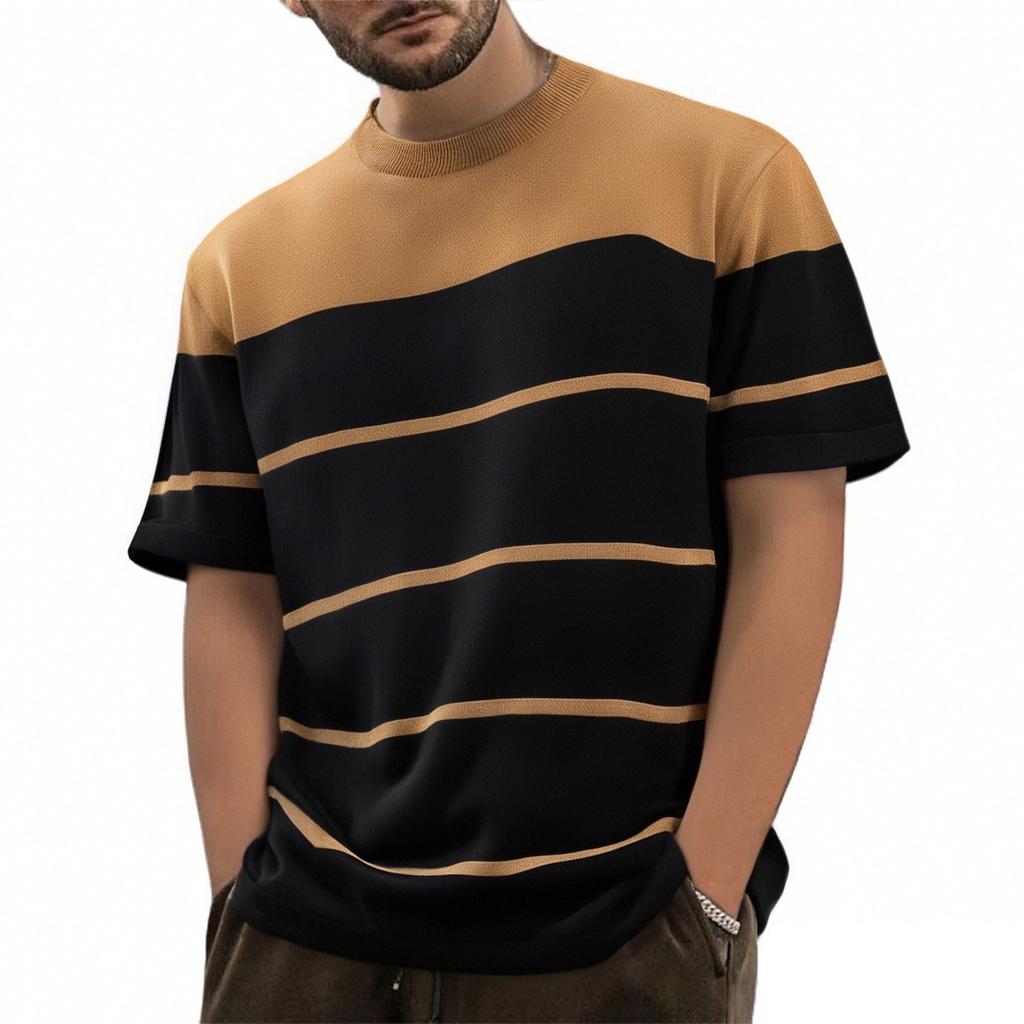 Men's Summer Color - Blocked Knitted Short - Sleeve T - Shirt, Fashionable Striped, Trendy, Casual Round - Neck, Slim - Fit, Versatile Top For Men