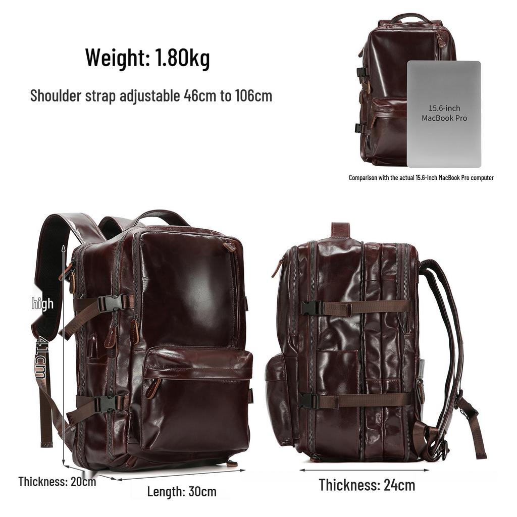 Men's Genuine Leather Expandable Large Capacity Shoulder Backpack for Business Travel