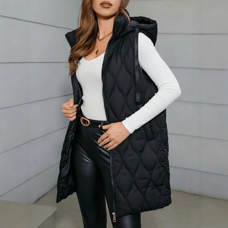 Womens Hooded Quilted Mid-Length Cotton Vest Loose Warm Zipper Outerwear Fall 2026