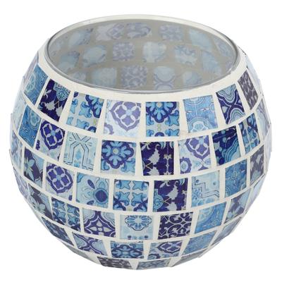 Tealight Candle Holder Blue and White Glass Mosaic Floral Patterns Warm Romantic Handcrafted Texture Votive Candle