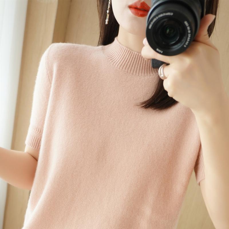 Svetr s polovičním rolákem Vícebarevný Krátký rukáv Letní Nový Volný Módní a Všestranný Jednobarevný Temperament Vnitřní Top