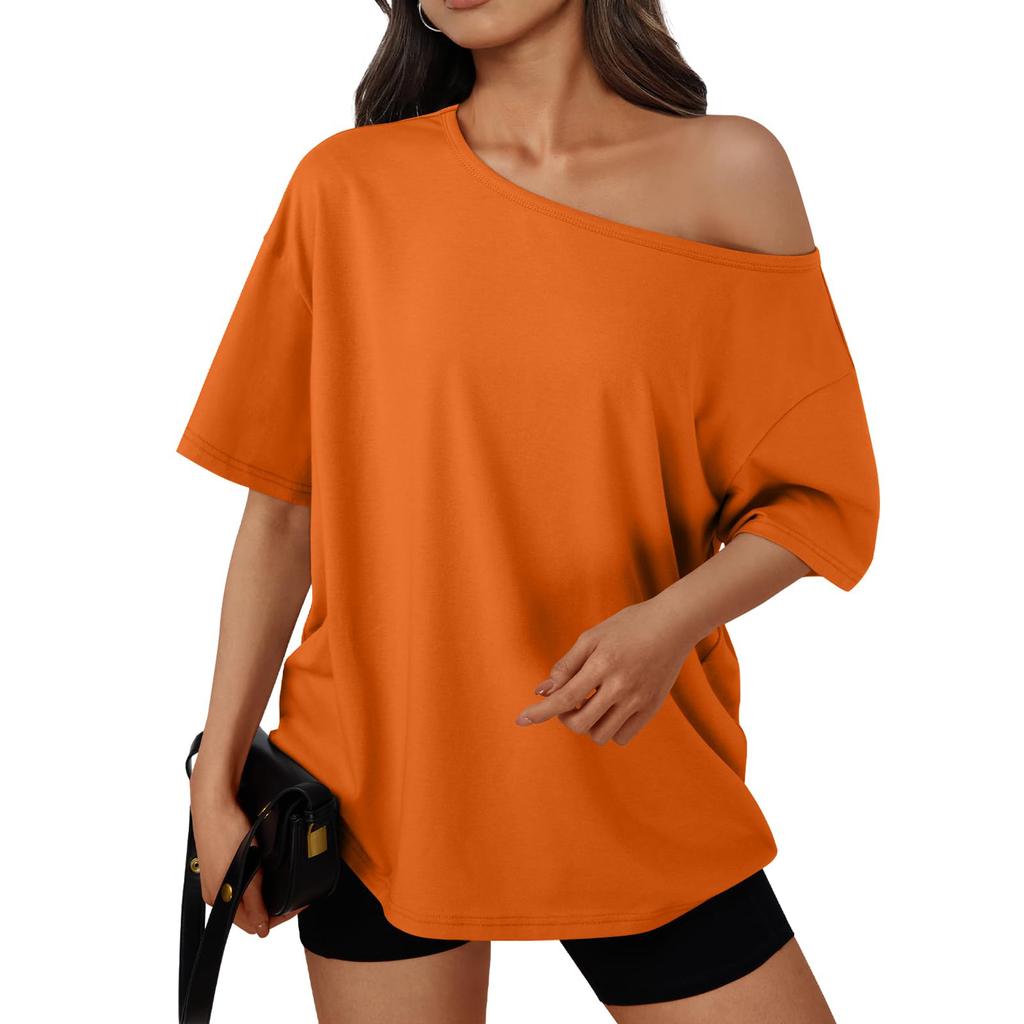Women's Fashion Off-Shoulder T-Shirt Solid Color Loose-Fit Short Sleeve Top