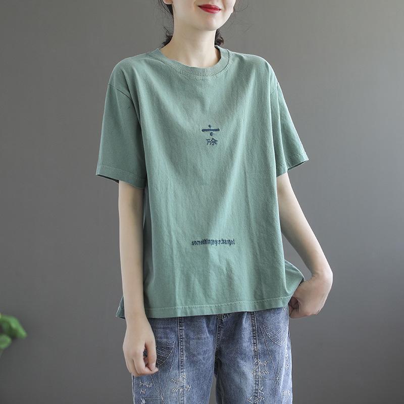 Casual Literary Versatile Crew Neck Short-sleeved T-shirt Women's Summer New Loose Fashion Outerwear Top T-shirt Women