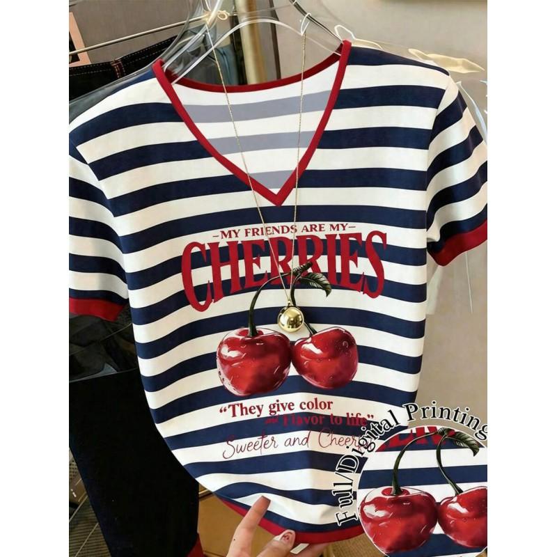 Womens V-Neck Short Sleeve Loose Fit T-Shirt With Floral Lake Scene Cartoon Bun Girl Print 2025 Casual Top