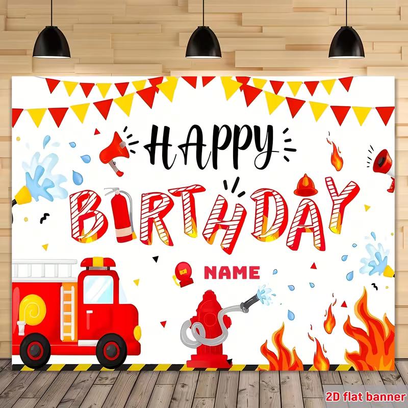 Playful Fireman Birthday Backdrop, Bright Red and Yellow Design with Fire Truck and Firefighter Elements, Festive Kids' Party Wall Decor