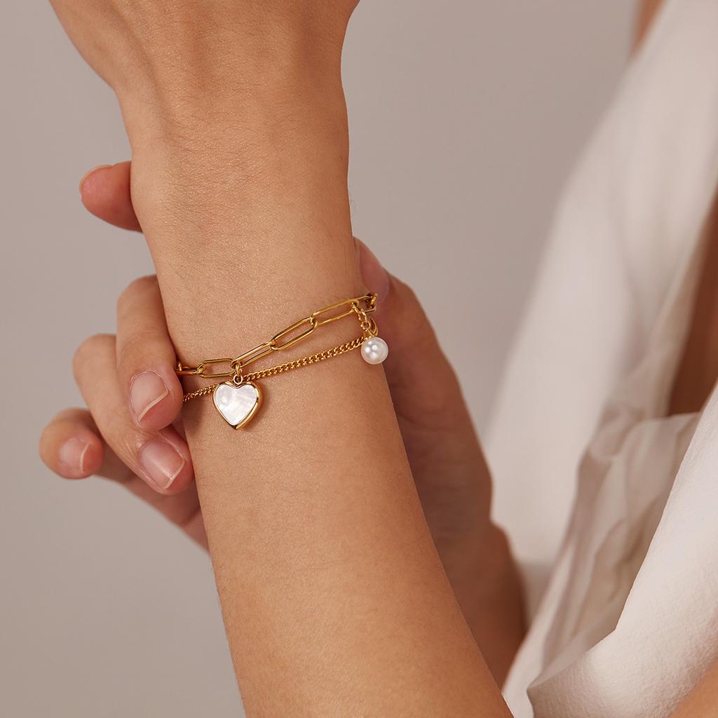 Fashion niche design personalized double-layer bracelet temperament versatile heart simulation pearl stainless steel bracelet