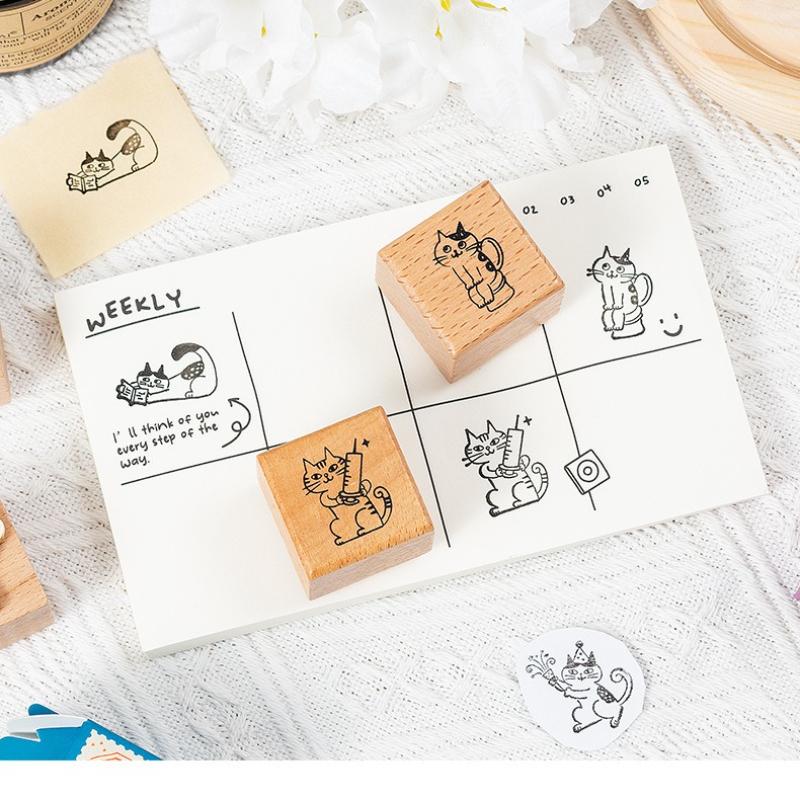 8 Cute Cat Daily Wooden Seals Are Suitable for Diy Accounts Diaries Photo Albums Decorative Material Stamps