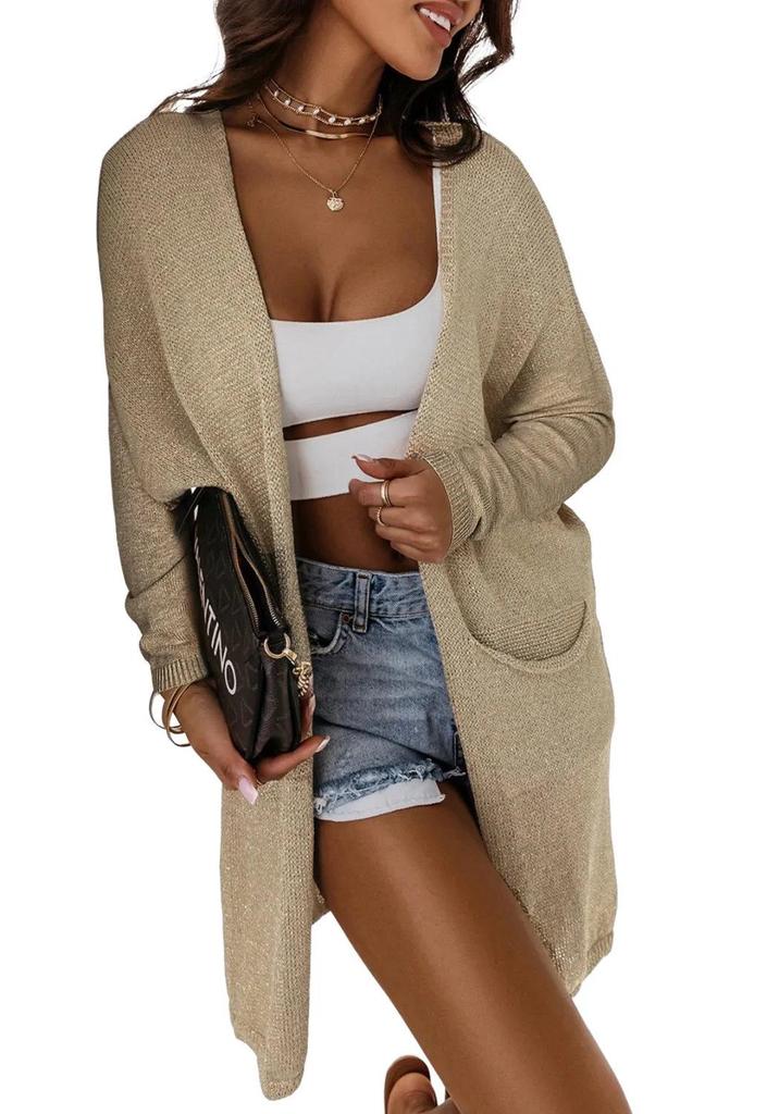 2026 Spring/Summer Women's Casual Knit Batwing Cardigan with Pockets - Loose, Mid-Length, Short Sleeve Outerwear