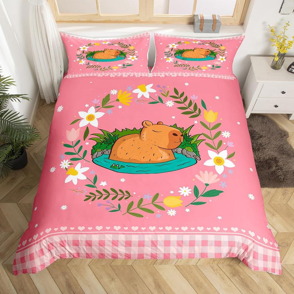 Cute Capybara Print Bedding Sets Full Kawaii Honey Bee Comforter Cover,Cartoon Animals Bed Set Red Love Heart Print Duvet Cover