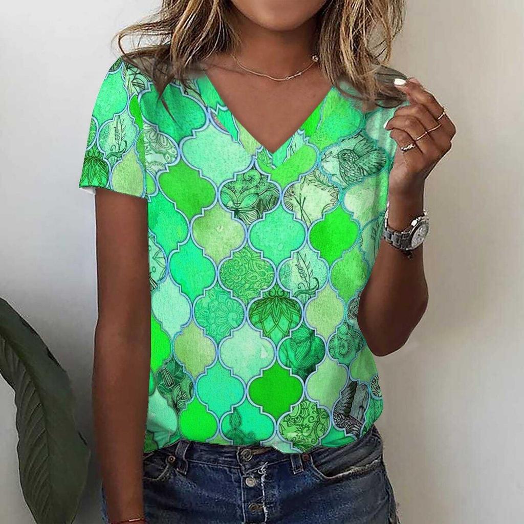 Summer Women's 3D Printed V-Neck T-Shirt Fashion Versatile Trend Breathable Casual