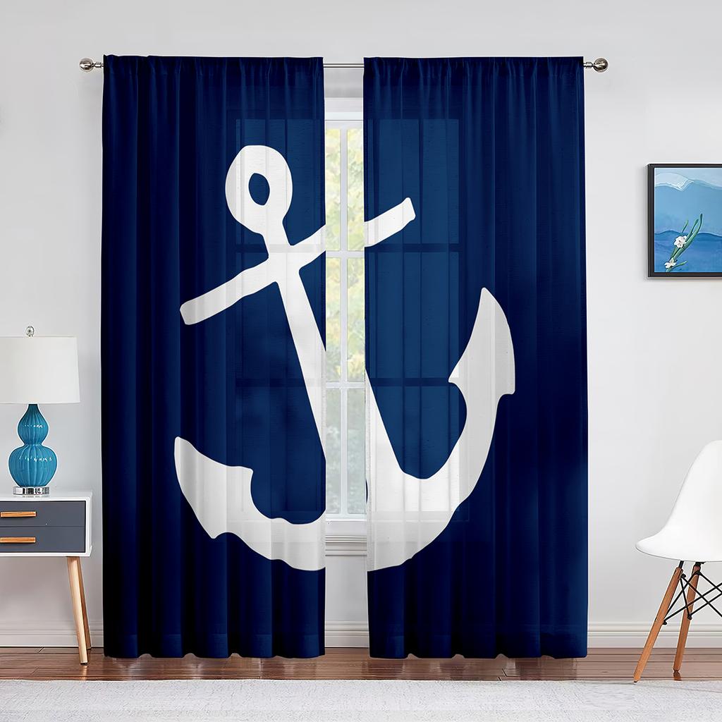 Nautical Anchor Rustic Grey Wooden Sheer Window Curtains Bedroom Modern Chiffon Drape Tulle Living Room Kitchen Voile Curtain