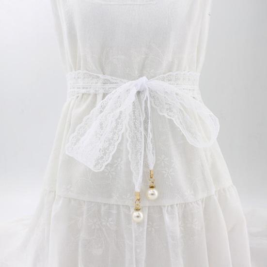 Women Lace Belt Hollow Design Lightweight Breathable Adjustable Waist Slimming Non-Fading Imitation Pearl Pendant Belt