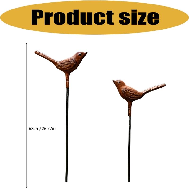 Bird Garden Stakes Set of 2 Iron Soil Insert Pieces for Pots, Flower Rows and Lawn Edges with Aged Brown Yard Form for Home Use Daily
