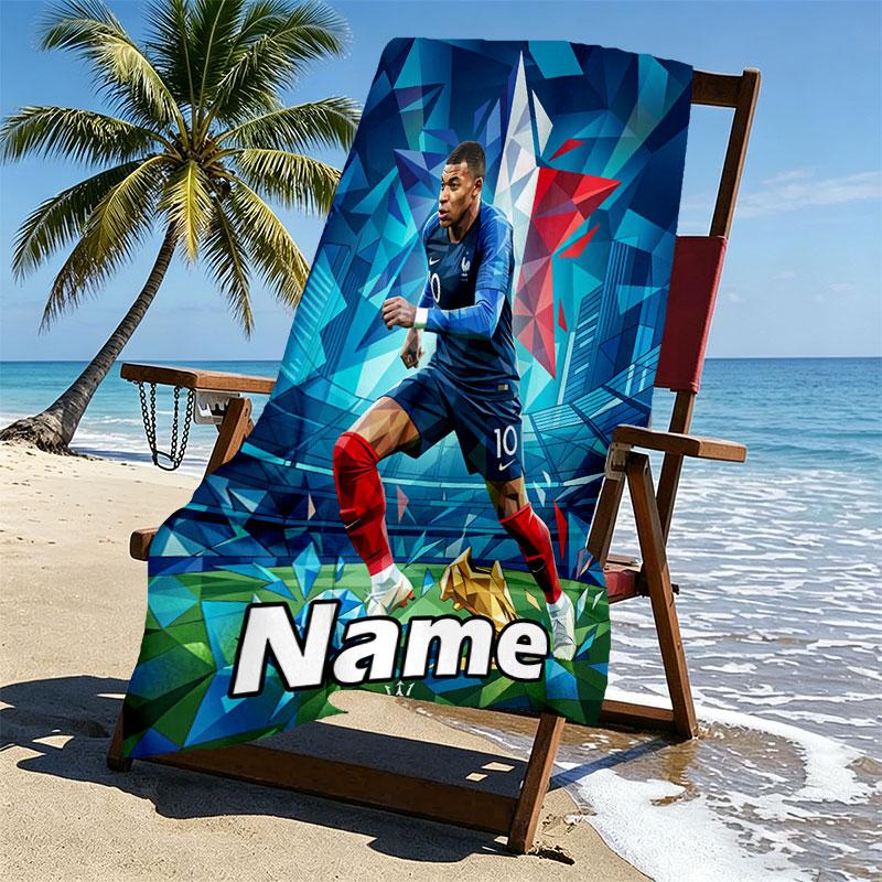 Personalisierbares Strandtuch mit Kylian Mbappe Aufdruck und individuellem Namen, für Reise Camping Strandparty Heimdekoration, Geburtstagsgeschenk für Familie & Freunde