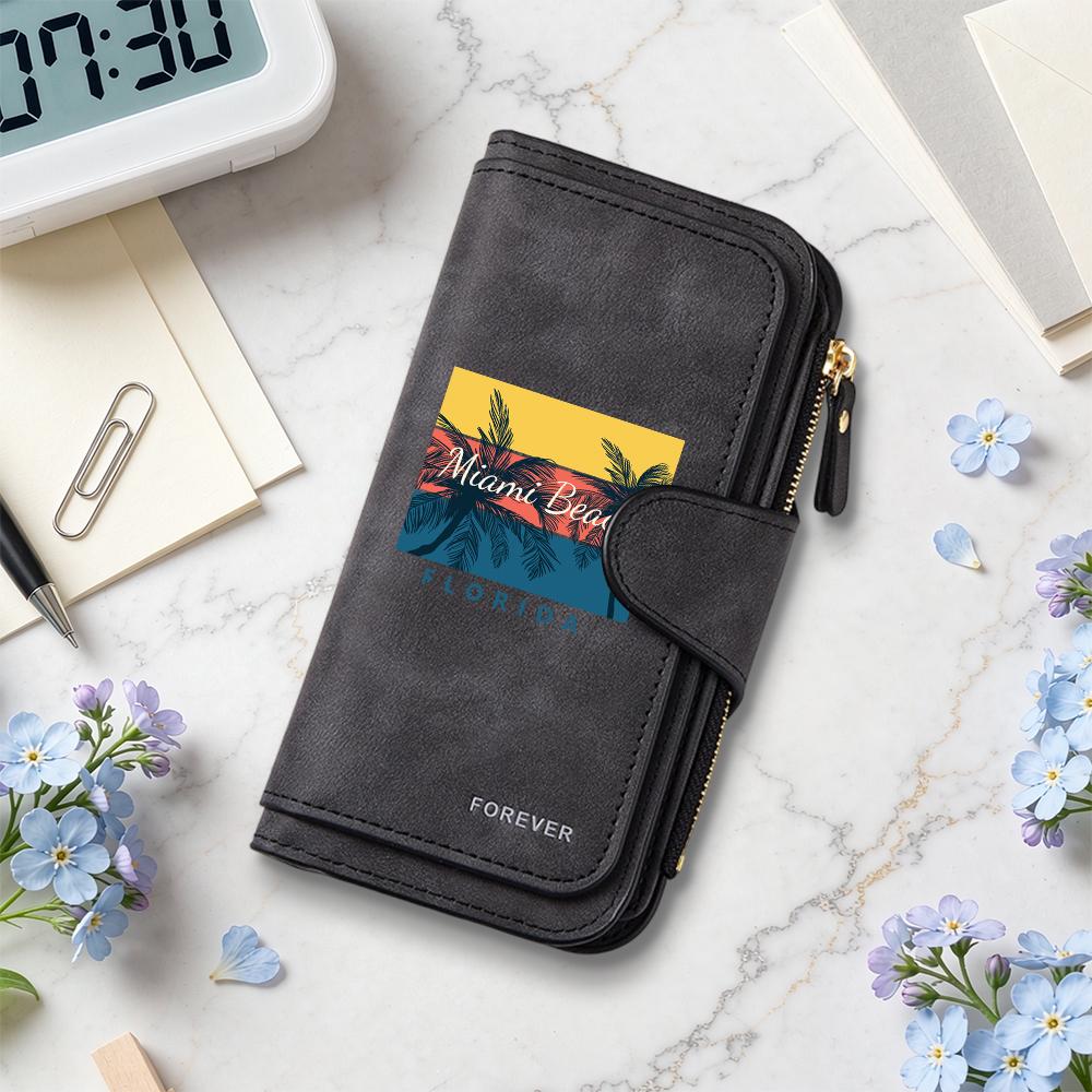 Stylish Women Leisure Long Purse Card Holders Miami Beach Printed Portable Multi Slot Money Wallet Fashion Simple Daily Use Small Bag