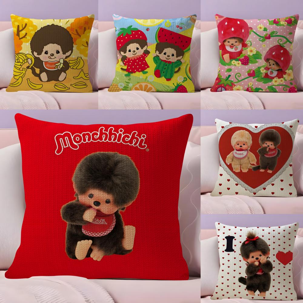 MMonchhichi Cute Cushion Cover Natural Linen Pillow Case DoubleSided Print Decorative Sofa Pillowcase Home Decor Gift