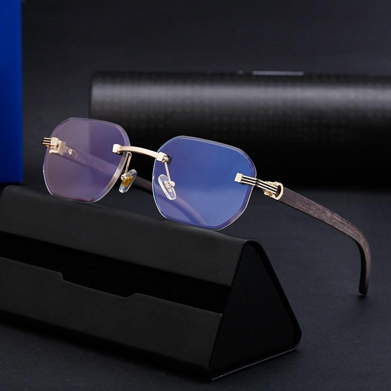 Diamond trimmed rimless glasses men's European and American retro imitation wood grain glasses legs sunglasses UV protection personalized sunglasses