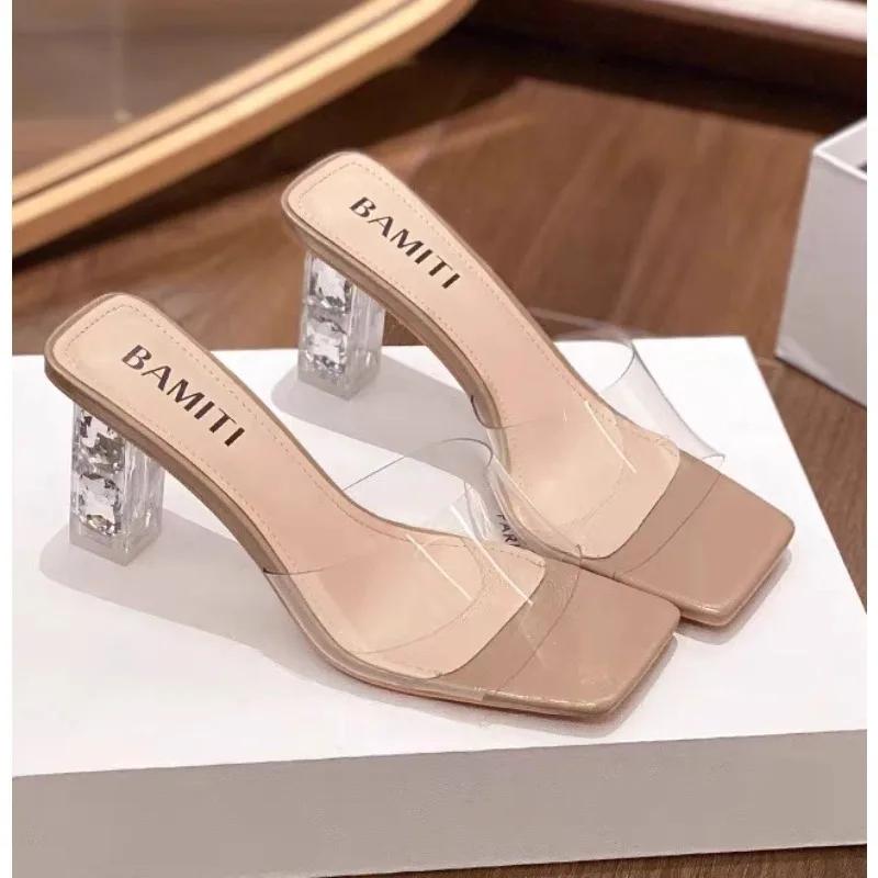 

Кришталево чисті прозорі тапочки Жіноче взуття Середній каблук Зручне нове літнє жіноче взуття Жіноча мода Круті мюлі Слайдери 35 рожевий