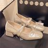 French square head ballet single shoes small leather shoes 2025 new bow light mouth retro thick heel Mary Jane shoes women