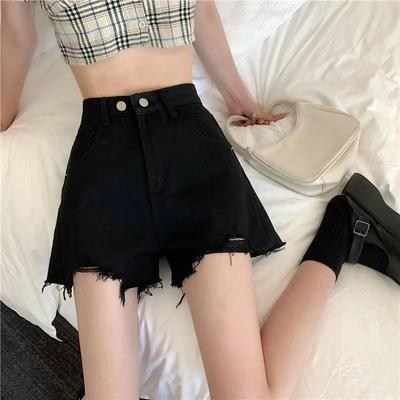 Pantalones A-line de mezclilla fina tostada Verano Nuevo Cintura alta Rotos Sencillos Shorts de pierna ancha para mujer