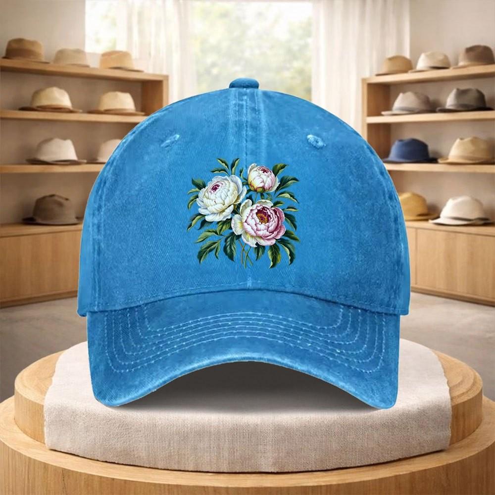Peony Print Gewaschene Denim Baseballkappe Vintage Verstellbarer Riemen Lässige Sportkappe