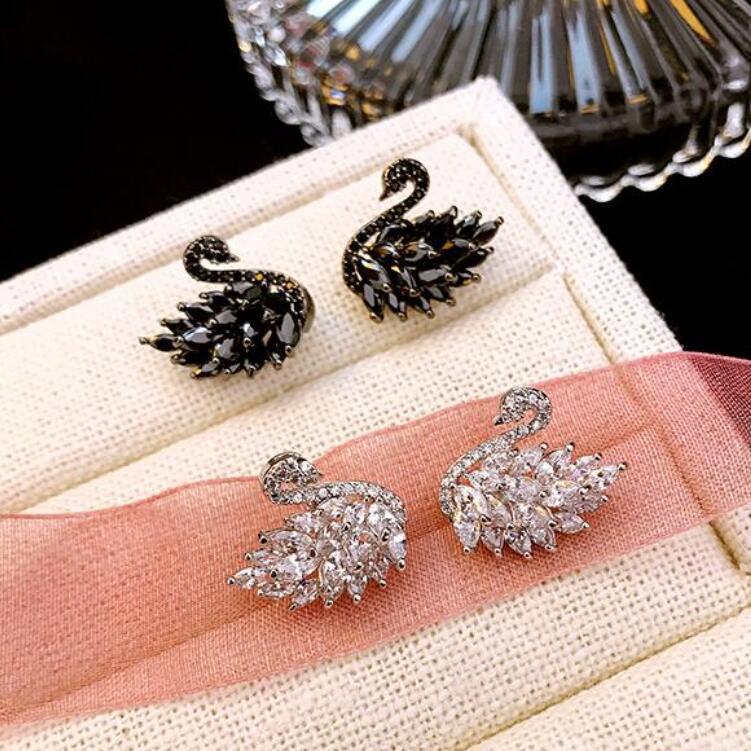Korean Style Black & White Swan Zirconia Stud Earrings with S925 Silver Needle - Versatile & Elegant.