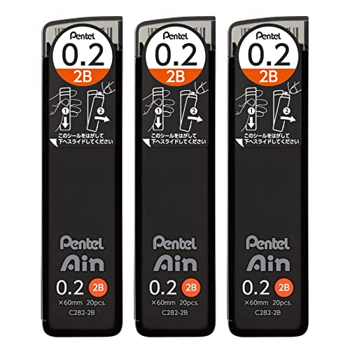 Mechanical Pencil Lead Refills, Pentel Ain, 0.2mm 2B, 3-Pack