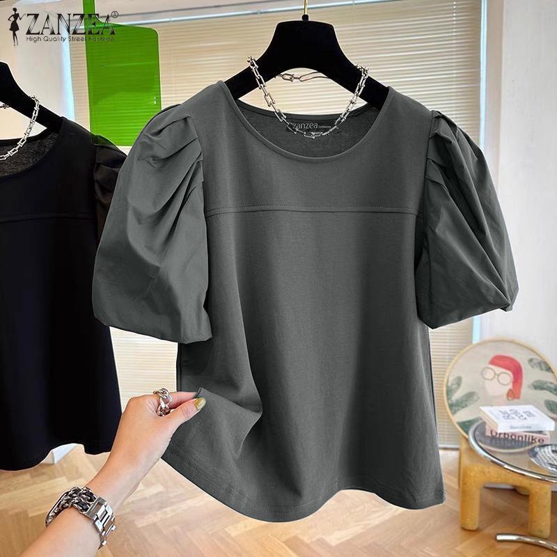 

ZANZEA Women Casual O-neck Puff Short Sleeve Patchwork Blouse S чорний