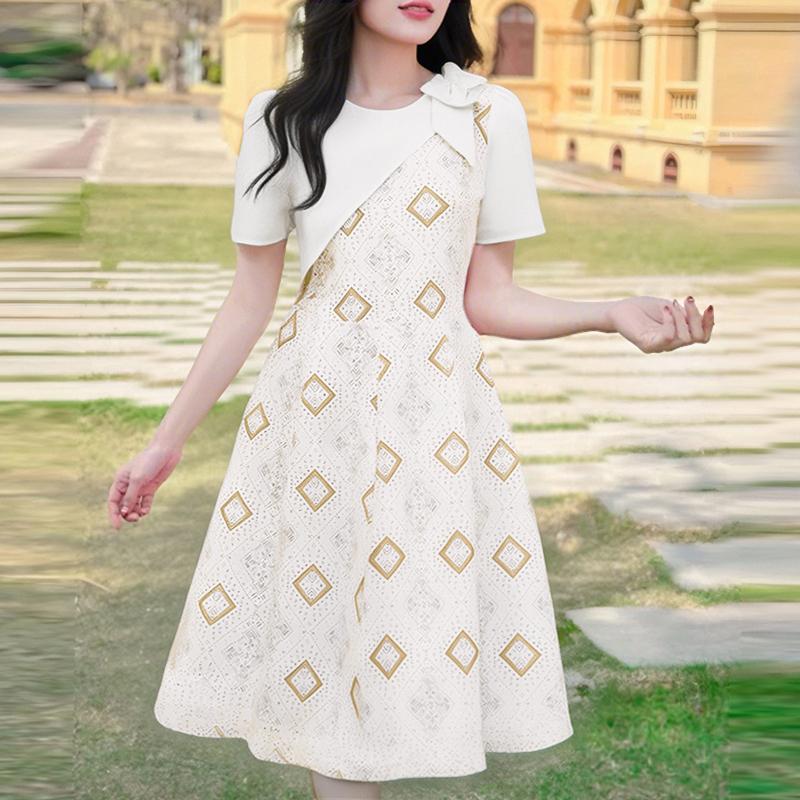 

ZANZEA Women Print Patchwork Summer Round Neck Short Sleeve Dress S білий