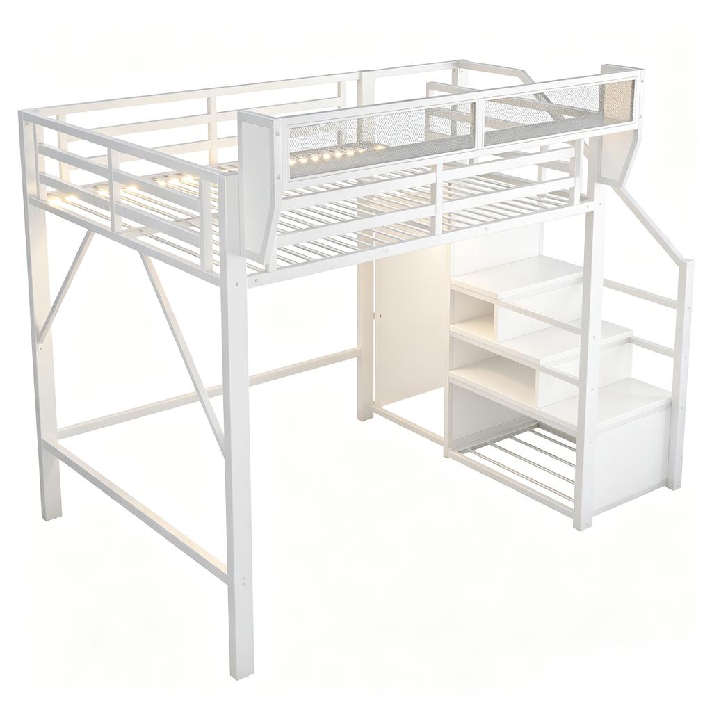 Loft Bed 140x200 with LED Light Strip, Safety Ladder and Flexible Storage Metal Bed Adult Bed Children's Bunk Bed White