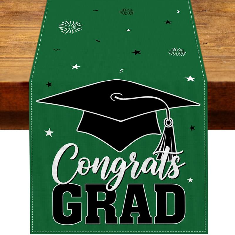 Congrats Grad Graduation Table Runner with Cap Stars Fireworks Pattern 40x140cm