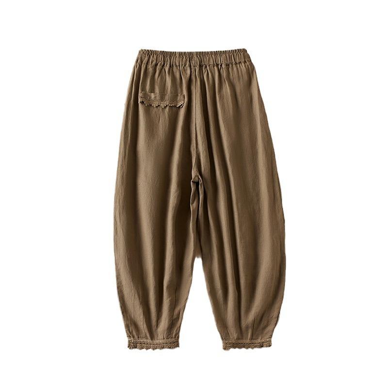 Literary and retro casual loose nine-point pants linen Harlan pants 2025 summer elastic waist thin nine-point straight pants