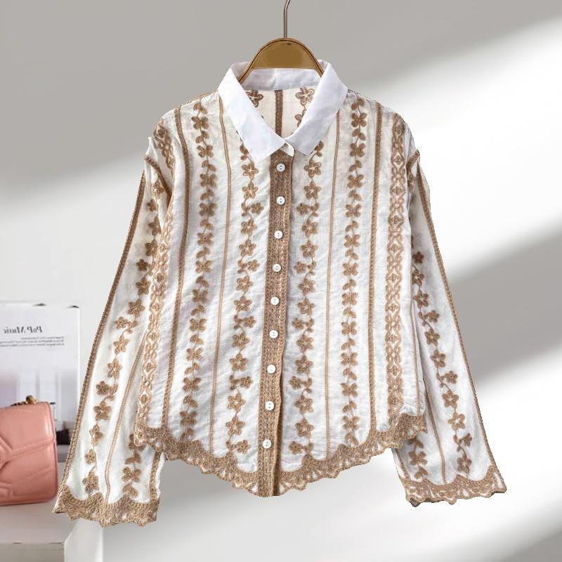 Fashion Elegant Long Sleeved Embroidered Lace Shirt New Lapel Loose and Thin Single-breasted Casual Blouse Female Simple Women's Irregular Top 3504