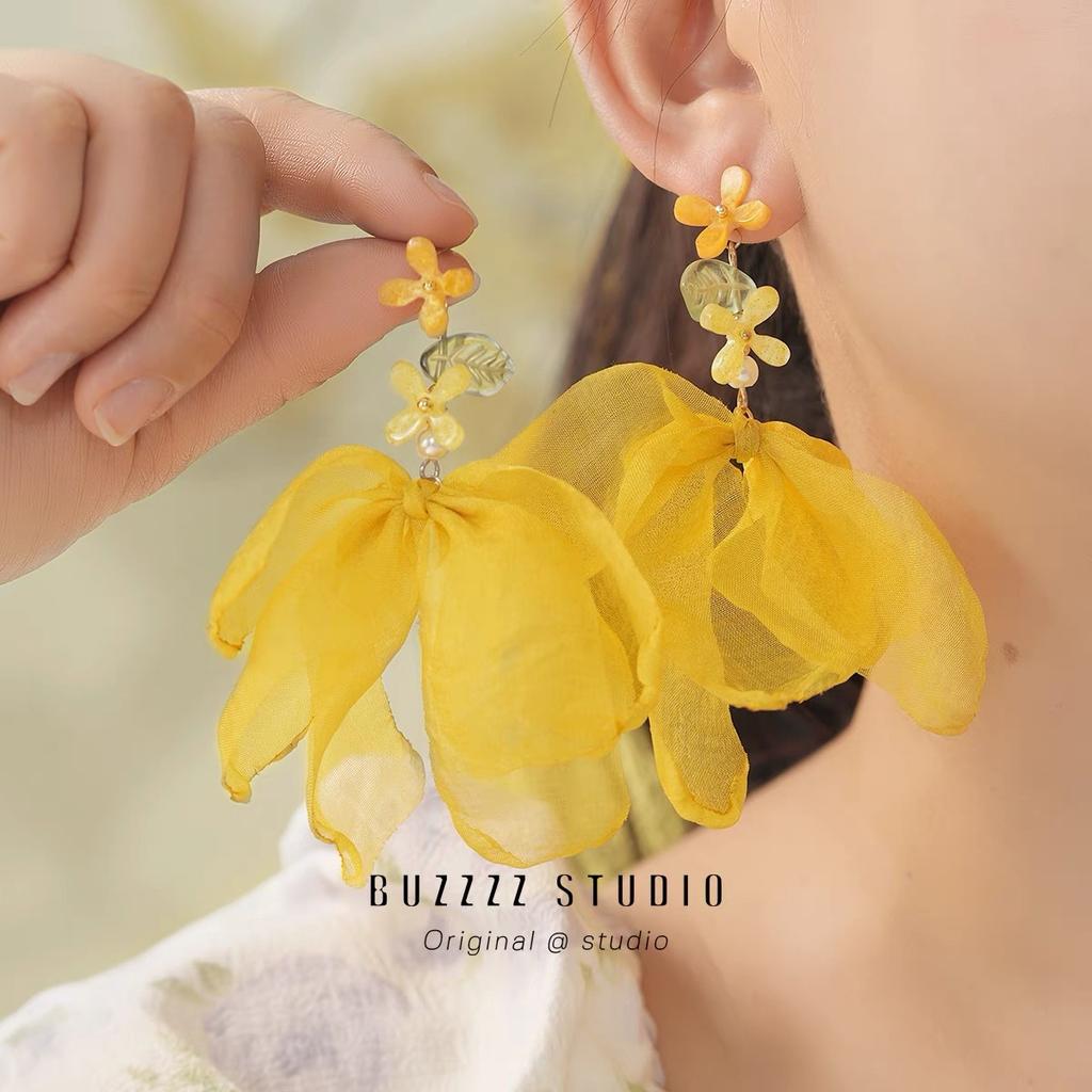Golden Autumn Dangui Long Tassel Flower Mori Sweet Niche Design Earrings Ear Hooks Mosquito Coil Disc Ear Clips Women