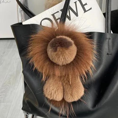 Cute Real Rex Rabbit Fur Simba Lion Bag Charm Car Key Charm Metal Ring Ornaments Kids Birthday Gift 240112