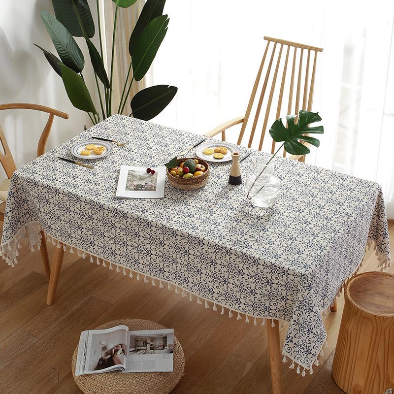 Nappe de table rectangulaire brodée en coton et lin, style vintage, simple, avec pompons, décorations
