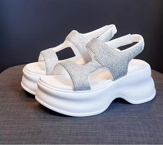 Klobige Plateau Bling Sandalen Damen Neue Hohe Absätze Rutschfeste Elastische Hausschuhe Keilabsatz Sneakers 8CM Damen Strand Sommer Sandalen