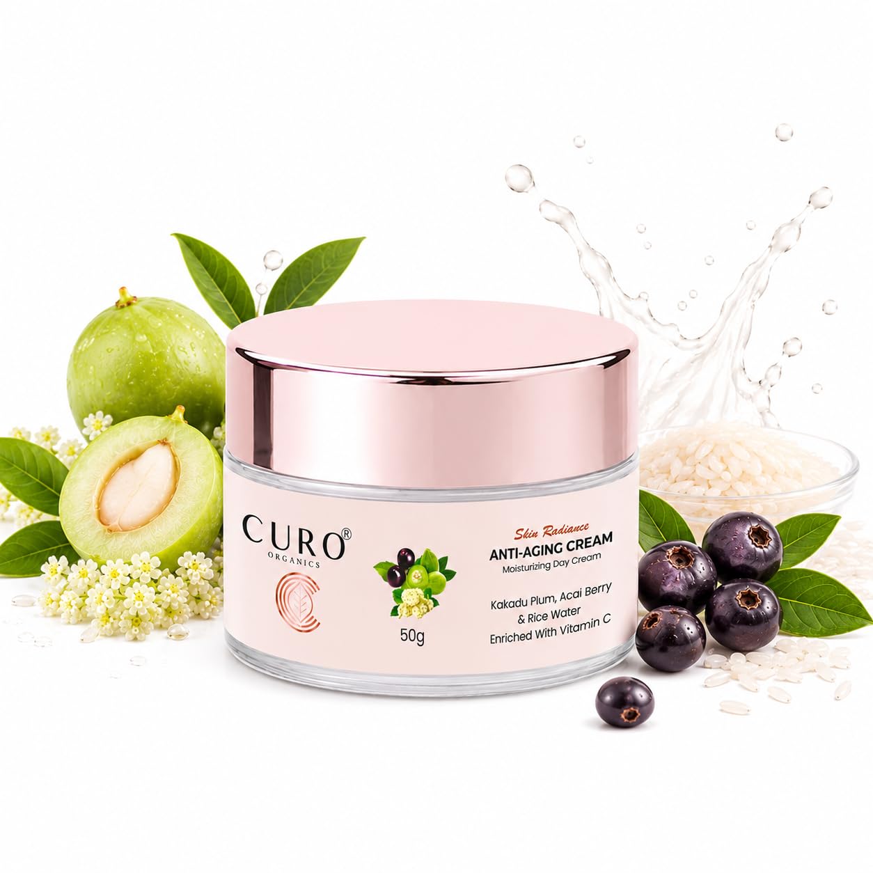 Curo Organics Антивозрастной дневной крем с сливой какаду, ягодами асаи и рисовой водой | Осветляющий, подтягивающий и увлажняющий крем для лица | Уменьшает морщины