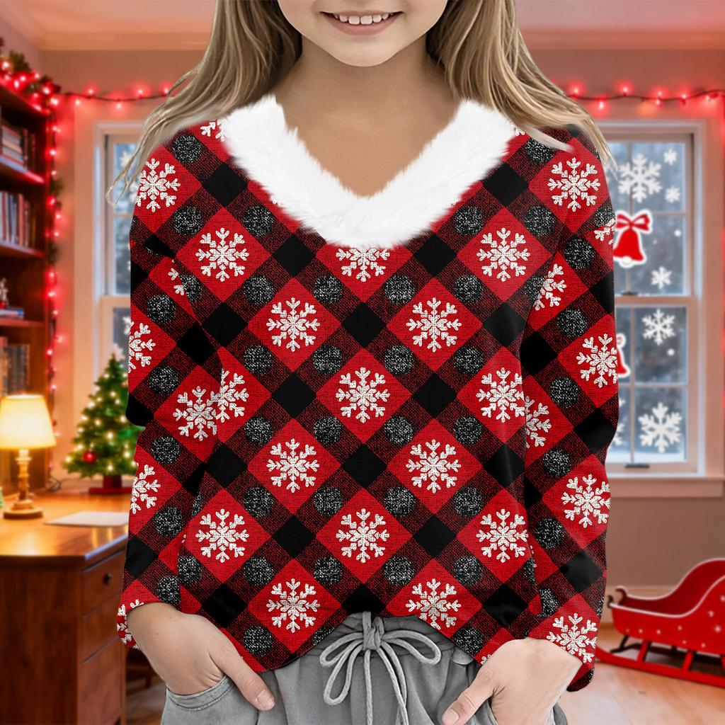 Christmas Day Girls Long Sleeve T Shirts Kids  Girls' V-Neck Tee Christmas Print Long Sleeve Top