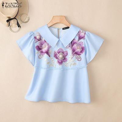 Damen Lässig Rundhals Locker Kurzarm Geblümtes Bluse