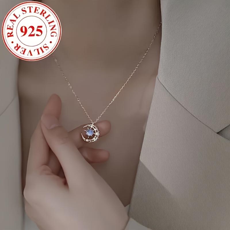 Luxurious Celestial Moon Pendant Necklace - 925 Sterling Silver with Synthetic Blue Zirconia, Perfect Gift for Women in Everyday Life