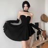Black Gothic Off Shoulder Dresses Elegant Retro Slim Irregular Hem Women's Halter Dress with Sleeves